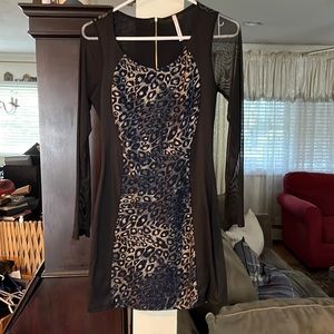 Sexy, flattering, mini dress, black with irradiance animal print
